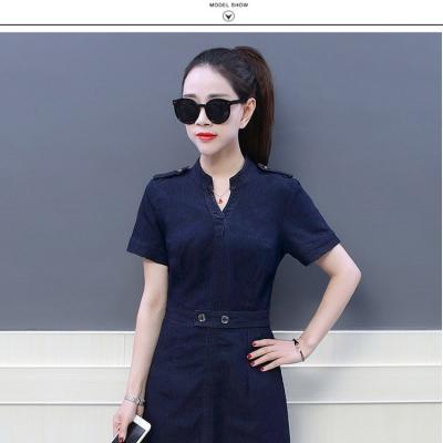 ĐẦM JEAN CỔ V ĐAI EO ĐÍNH NÚT - NJ298